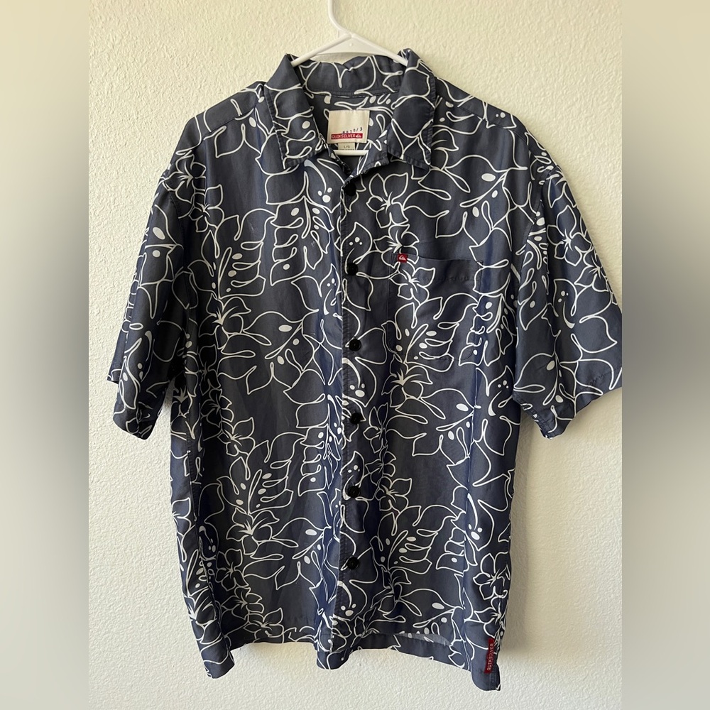 Quicksilver Gray Hawaiian Button-Down Shirt | (L)
